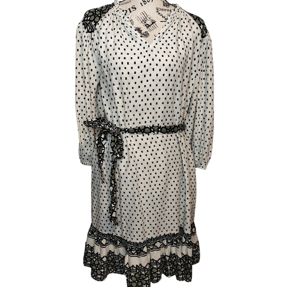 KNOX ROSE Off White Black Dot Ruffle Hem Olive‎ Green V Neck 3/4 Sleeve NEW